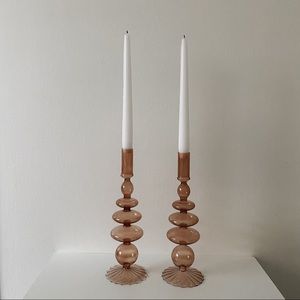 Rose Brown Bubble Glass Candle Stick Holders, Set of 2